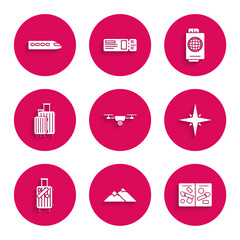 Set Drone flying with action video camera, Mountains, Passport pages visa stamps, Wind rose, Suitcase for travel and stickers, ticket and Train icon. Vector
