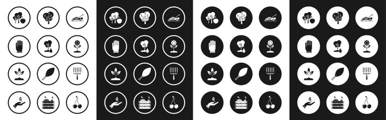 Fototapeta premium Set Lawn mower, Watering Tree, Garden gloves, with apple, Flower, pears, rake work and Plant icon. Vector