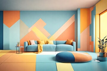Pastel tone color in blue orange yellow and white room with geometric design