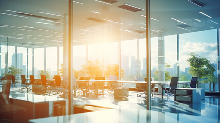 Modern Office Interior with Panoramic Windows. Modern Workplace Aesthetics