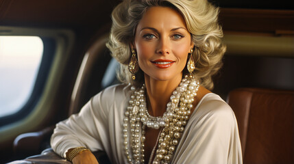 Affluent woman in her 50s with pearls, sharing a warm smile before a private jet, epitomizing luxury, elegance and high-end lifestyle.
