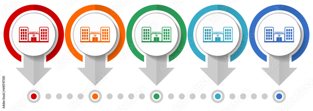 Poster Hospital building vector icon set, flat design infographic template, set pointer concept icons in 5 color options for webdesign and mobile applications