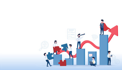 Business ideas and growth concept. Arrow pointing up to target. Business people working together, management, improvement, development and opportunity to achieve success. Flat vector illustration.