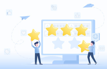 Customer review and gives 5 star rating satisfaction with the product or service. Feedback, review positive and opinion for improvement. Flat vector design illustration.