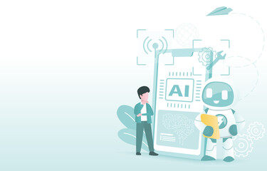 Artificial intelligence (AI) technology concept. Business people and Ai robot planning, repair, analyze mobile application and improvement. Flat vector design illustration with copy space.