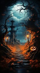 Halloween background with pumpkin and bats. Halloween night in a jungle.