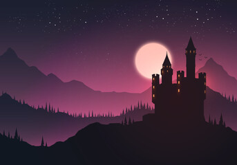 Vector Illustration Of An Castle In A Landscape At Night © Black White Mouse