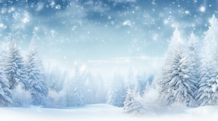 Obraz premium Winter Panoramic Background. Snowy Fir Branches and Falling Snowflakes