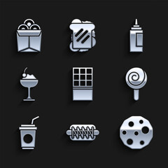 Set Chocolate bar, Hotdog sandwich, Cookie or biscuit, Lollipop, Paper glass with straw, Ice cream in bowl, Sauce bottle and Noodles box icon. Vector