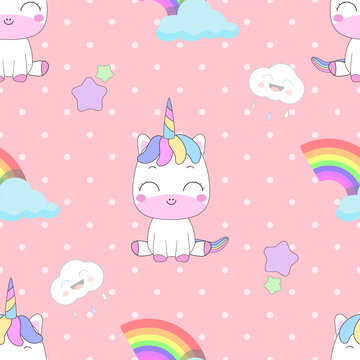 Cute little unicorn decorated with rainbows, stars and clouds seamless on a pink background with white dots.