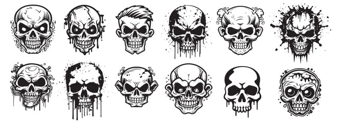 Halloween human skulls vector illustration, black silhouette laser cutting