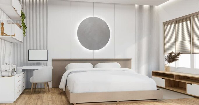 Bedroom japanese minimal style Modern wall and wooden floor, room minimalist. 3D rendering