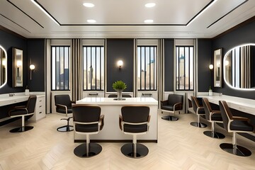 Fototapeta premium Beauty salon with chairs and round mirror,