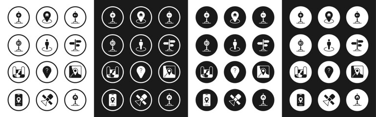Set Traffic sign turn left, Location with person, Speed limit traffic, cross hospital, Road, house, Folded map location marker and icon. Vector