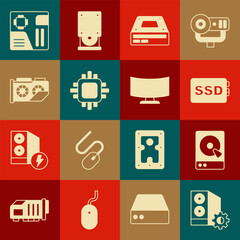 Set Case of computer, Hard disk drive HDD, SSD card, Optical disc, Processor with CPU, Video graphic, Motherboard digital chip and Computer monitor screen icon. Vector