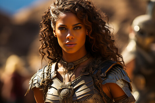 Powerful depiction of a bold female gladiator (gladiatrix) with trident and net, challenging ancient Roman gender norms in an adrenaline-fueled arena setting.