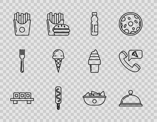 Set line Sushi on cutting board, Covered with tray of food, Bottle water, Ice cream, Potatoes french fries carton package box, waffle cone, Nachos plate and Food ordering pizza icon. Vector