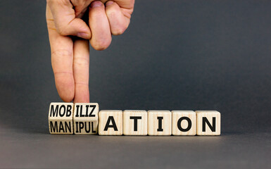 Mobilization or manipulation symbol. Concept words Mobilization Manipulation on wooden cubes....
