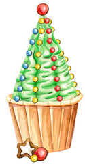 Christmas Cupcakes. Chrismas Sweets. Merry Chritmas. Watercolor Illustration