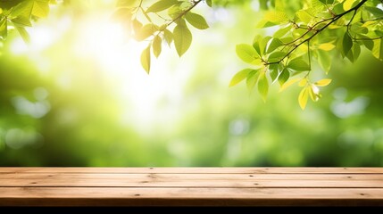 Naklejka na ściany i meble Spring beautiful background with green juicy young foliage and empty wooden table in nature outdoor. Natural template with Beauty bokeh and sunlight, Generative AI