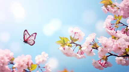 Obraz premium Beautiful pink butterfly and cherry blossom branch in spring on blue sky background, soft focus. Amazing elegant artistic image of spring nature, frame of pink Sakura flowers and, Generative AI