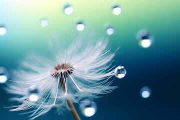 Beautiful dew drops on a dandelion seed macro.  Beautiful blue background. Large golden dew drops on a parachute dandelion. Soft dreamy tender artistic image, Generative AI