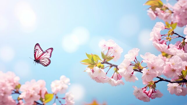 Beautiful pink butterfly and cherry blossom branch in spring on blue sky background, soft focus. Amazing elegant artistic image of spring nature, frame of pink Sakura flowers and, Generative AI
