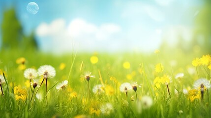 Spring summer blurred natural background. Beautiful meadow field with fresh grass and yellow dandelion flowers against sky, Generative AI