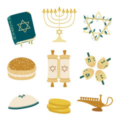 Happy Hanukkah! Jewish set consisting of: Torah, Menorah, Star of David, Sufganiyah, Scroll, Dreidal, Kippah, gelt coin and oil Menorah.