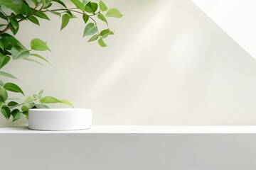 Light minimal geometric background with pedestal.  Mockup for natural product presentation. Branches of fresh greenery on white wall, Generative AI