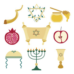 Rosh Hashanah. Jewish New Year set. Torah scroll, Star of David, Menorah, kippah, shofar, pomegranate, apple, honey and wine goblet.