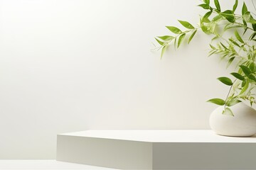 Light minimal geometric background with pedestal.  Mockup for natural product presentation. Branches of fresh greenery on white wall, Generative AI