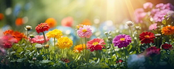 Colorful beautiful multicolored flowers Zínnia spring summer in Sunny garden in sunlight on nature...
