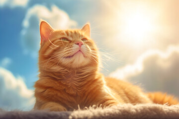 Naklejka na ściany i meble Cute ginger cat lying on fluffy carpet and looking at the sun