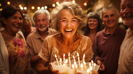Radiant 60-year-old woman blowing candles on birthday cake, surrounded by adoring family. Embodying joy, love, and unity in a cherished milestone celebration.