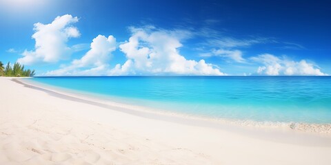 Beautiful beach with white sand, turquoise ocean water and blue sky with clouds in sunny day. Panoramic view. Natural background for summer vacation, Generative AI