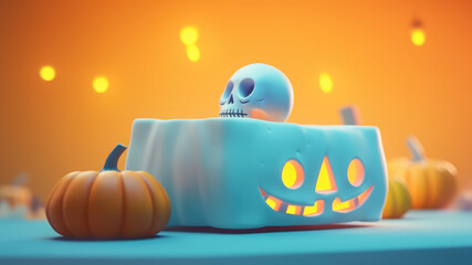 3D Cute white skull and coffin with halloween pumpkins decoration, isolated on blurred pastel background