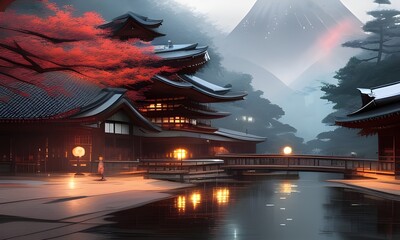 Obraz premium Japanese landscape with trees and fog - generative ai
