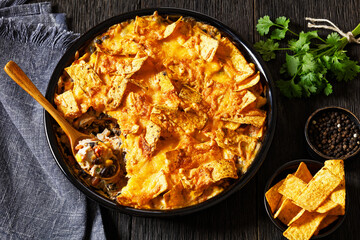 Frito chicken casserole in baking dish, top view