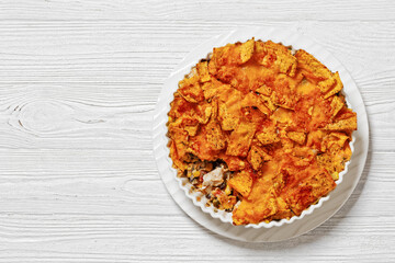 Frito chicken casserole in baking dish, top view