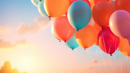 Balloons Around the World Day. Colorful balloons on sunset sky background. Festive balloons in air web banner