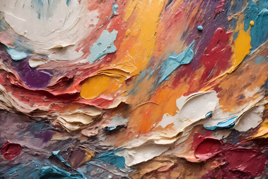 Abstract art background. Multicolored bright texture. Contemporary art. Oil painting on canvas. Fragment of artwork. Spots of oil paint. Brushstrokes of paint. Modern art.