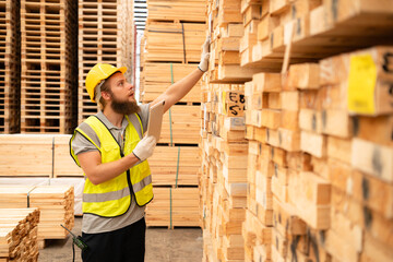 Portrait of warehouse worker checking stock of wooden pallets in storage warehouse.