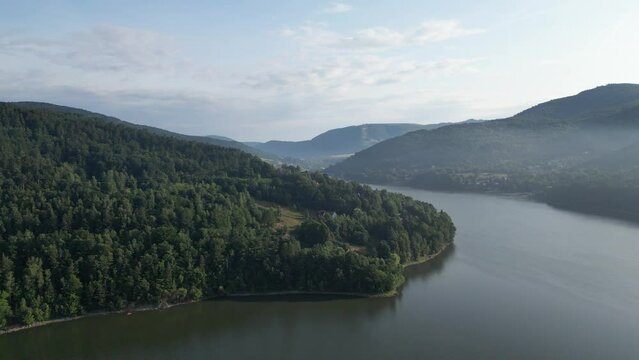 Zywiec Lake Aerial View (Polish: Jezioro Zywieckie) is a reservoir on the Sola river in southern Poland, near the town of Zywiec. Silesian. Voivodeship. Poland.
