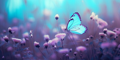 Wild light blue flowers in field and two fluttering butterfly on nature outdoors, close-up macro. Magic artistic image. Toned in blue and purple, Generative AI