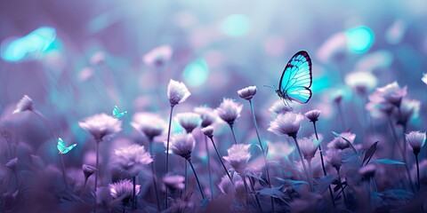 Wild light blue flowers in field and two fluttering butterfly on nature outdoors, close-up macro. Magic artistic image. Toned in blue and purple, Generative AI - obrazy, fototapety, plakaty