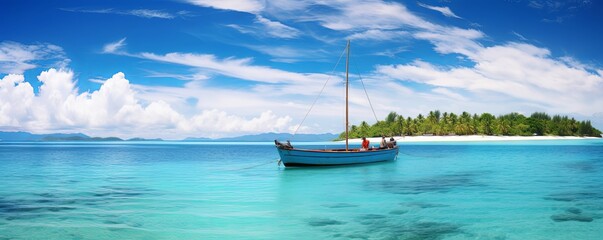 Obraz premium Boat in turquoise ocean water against blue sky with white clouds and tropical island. Natural landscape for summer vacation, panoramic view, Generative AI