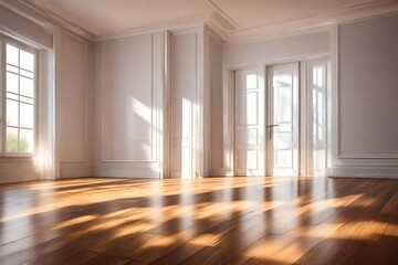 Empty room and wall and wooden floor with interesting with glare from the window