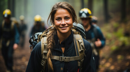 Obraz premium Portrait of Forestry Worker at Wildfire - Generative Ai
