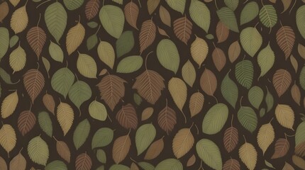 Seamless pattern of leaves background in earth tones : Leaves of green yellow and brown shades in a dark brown background 